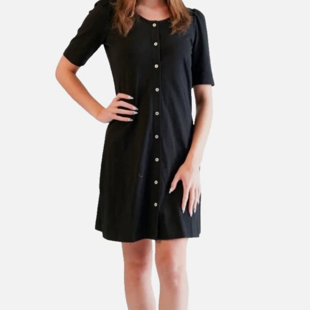 Kate Quinn 100% Organic Cotton Dress Puff Sleeve Pockets Buttons Medium Black